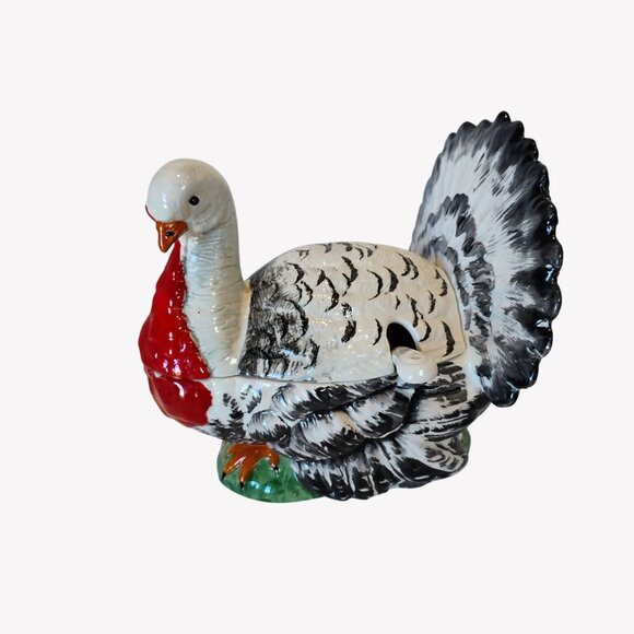 Vtg Bresolin Ceramic Turkey Soup Tureen w/ Ladle Hand Painted Italy -HAS A CRACK - Picture 2 of 13